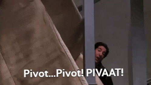 Animated gif of Ross from Friends carrying a couch up the stairs repeatedly shouting to pivot